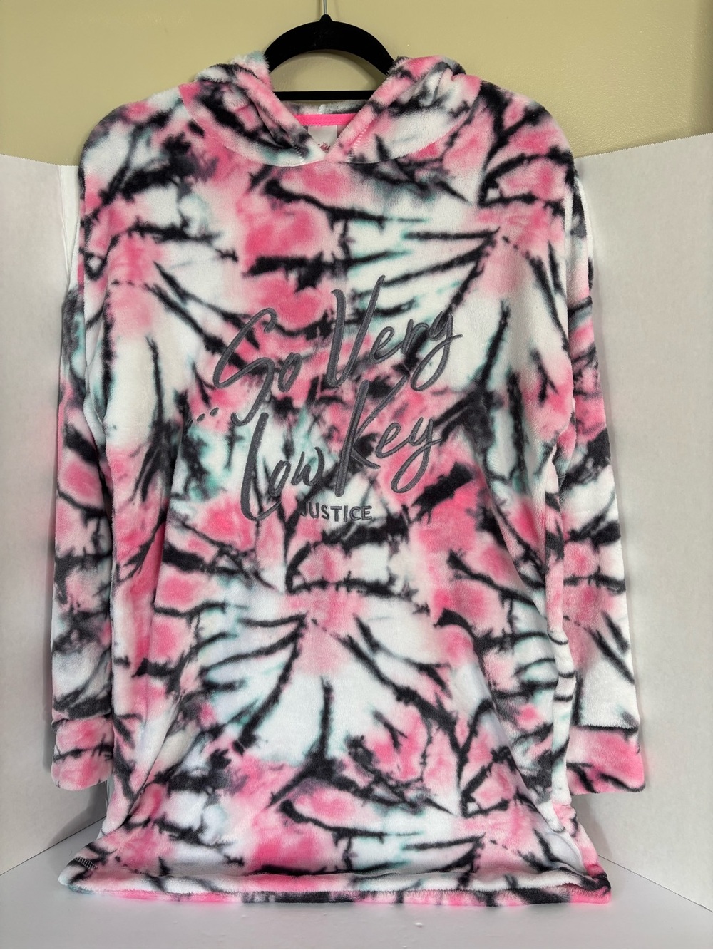 Justice Plush Tie-Dye Hooded Pullover - Pink, Black, White